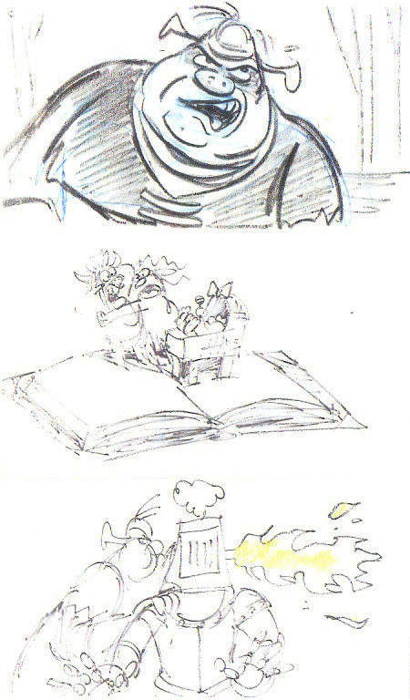 Early storysketches for SHREK. copyright 1996 Dreamworks,SKG.
